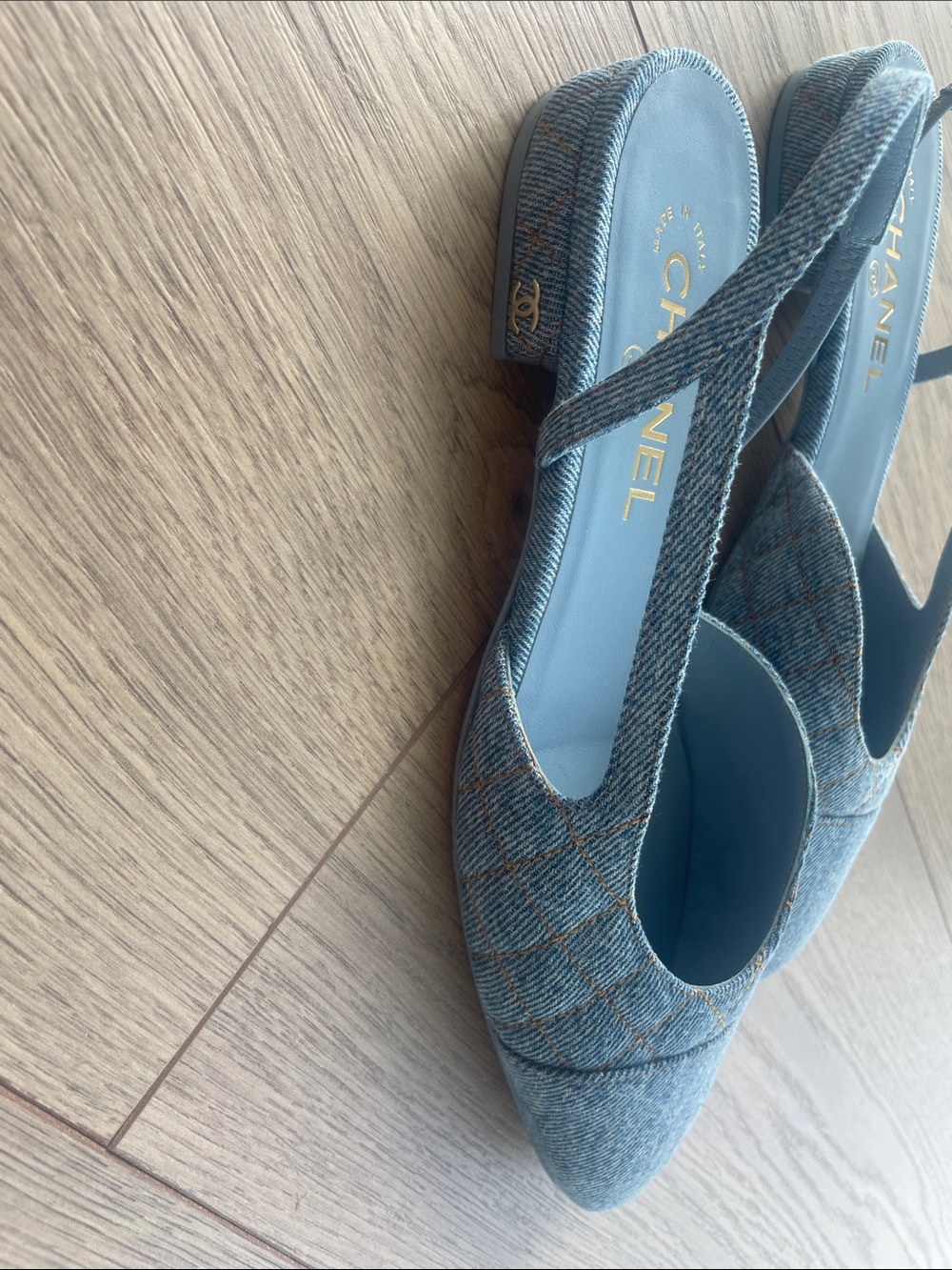 CHANEL Denim Quilted Slingback Flats in Light Blue - Picture 4 of 8